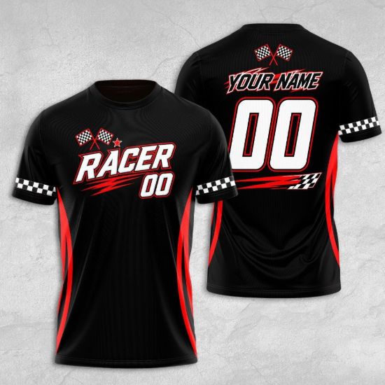 Picture of Personalized Racing Jersey, Custom Name Number Shirt, Motorsports Team Tee, Checkered Flag Race Car Driver Gift, Fast Track Apparel