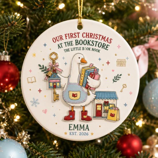 Picture of Personalized Goose Bookstore 2 Layer Ceramic Ornament, First Christmas at Bookshop Keepsake, Custom Business Name Grand Opening Gift 2026