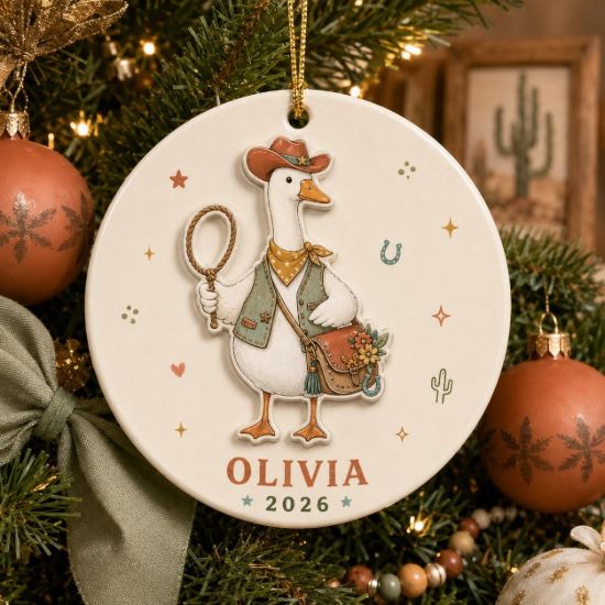 Picture of Personalized Cowgirl Goose 2 Layer Ceramic Ornament 2026, Custom Name Western Christmas Ornament, Cowboy Duck Gift for Her, 2026 Keepsake