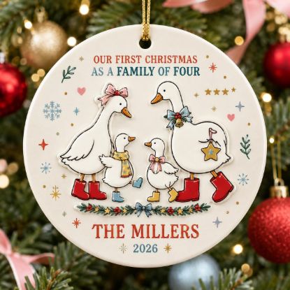 Picture of First Christmas as Family of Four 2 Layer Ceramic Ornament, Personalized Goose Family Ornament, Custom Family Name Christmas Gift 2026