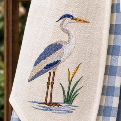 Picture of Blue Heron Embroidery Design, Heron Machine Embroidery File, Coastal Bird Marsh Design, Lake House Decor Digital Download File Pes Dst
