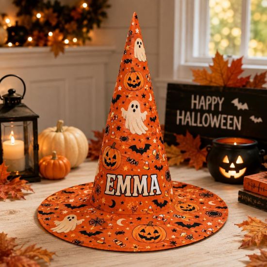 Picture of Personalized Halloween Witch Hat, Custom Name Adult Kids Witch Costume Hat, Orange Ghost Pumpkin Spooky Trick or Treat Halloween Party Hat