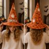Picture of Personalized Halloween Witch Hat, Custom Name Adult Kids Witch Costume Hat, Orange Ghost Pumpkin Spooky Trick or Treat Halloween Party Hat