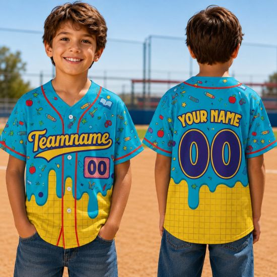Picture of Personalized Back to School Baseball Jersey, Custom Kids Name Number Shirt, School Doodle Team Jersey, First Day of School Outfit Gift