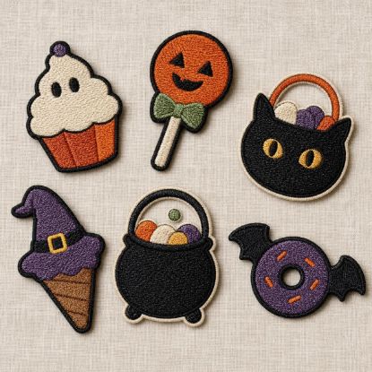 Picture of Halloween Treat Embroidered Patch, Ghost Cupcake Black Cat Candy Witch Hat Cauldron Donut Patch, Cute Spooky Applique for Clothes Bags