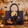 Picture of Personalized Halloween Leather Shoulder Bag, Custom Name Haunted House Purse, Black Cat Pumpkin Bag, Gothic Witch Gift for Her, Spooky Tote