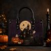 Picture of Personalized Halloween Leather Shoulder Bag, Custom Name Haunted House Purse, Black Cat Pumpkin Bag, Gothic Witch Gift for Her, Spooky Tote