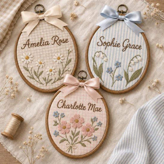 Picture of Personalized Embroidery Hoop Ornament, Custom Name Floral Hoop, Wildflower Nursery Decor, Baby Girl Keepsake, Personalized Gift Embroidered