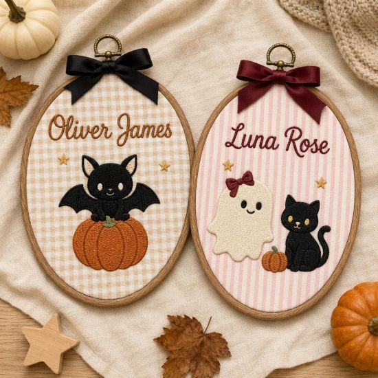 Picture of Personalized Halloween Embroidery Hoop, Custom Kids Name Sign, Cute Bat Ghost Pumpkin Decor, Nursery Wall Art, Spooky Season Gift for Kids