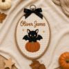 Picture of Personalized Halloween Embroidery Hoop, Custom Kids Name Sign, Cute Bat Ghost Pumpkin Decor, Nursery Wall Art, Spooky Season Gift for Kids