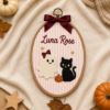Picture of Personalized Halloween Embroidery Hoop, Custom Kids Name Sign, Cute Bat Ghost Pumpkin Decor, Nursery Wall Art, Spooky Season Gift for Kids