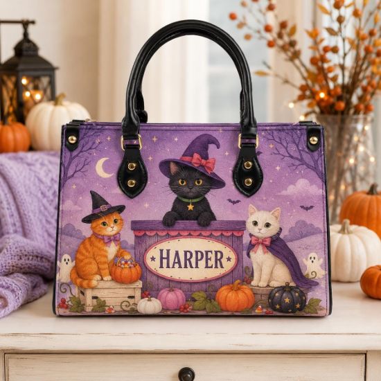 Picture of Personalized Halloween Cat Leather Shoulder Bag, Custom Name Witch Cat Bag, Black Cat Pumpkin Bag, Spooky Gift for Her, Cute Halloween Tote