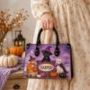 Picture of Personalized Halloween Cat Leather Shoulder Bag, Custom Name Witch Cat Bag, Black Cat Pumpkin Bag, Spooky Gift for Her, Cute Halloween Tote