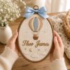 Picture of Personalized Baby Name Embroidery Hoop, Hot Air Balloon Nursery Decor, Teddy Bear Wall Art, Baby Boy Gift, Custom Nursery Name Sign Keepsake