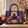 Picture of Personalized Halloween Leather Shoulder Bag, Custom Name Haunted House Purse, Ghost Pumpkin Bag, Spooky Gothic Gift for Her, Halloween Tote
