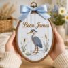 Picture of Personalized Name Embroidery Hoop, Heron Bird Nursery Decor, Custom Baby Name Sign, Baby Boy Wall Art, Woodland Nursery Gift, Kids Room Art