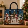 Picture of Personalized Christmas Leather Shoulder Bag, Custom Name Snowman Purse, Snowman Family Handbag, Holiday Gift for Her, Christmas Tote Purse
