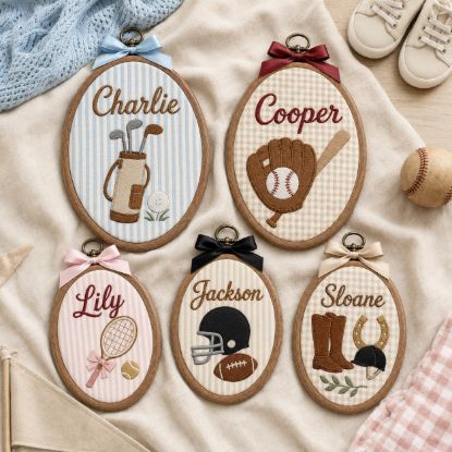 Picture of Personalized Sports Name Embroidery Hoop, Custom Kids Room Decor, Nursery Name Sign, Baby Boy Girl Gift, Athlete Wall Art, Sports Keepsake