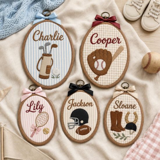 Picture of Personalized Sports Name Embroidery Hoop, Custom Kids Room Decor, Nursery Name Sign, Baby Boy Girl Gift, Athlete Wall Art, Sports Keepsake