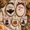 Picture of Personalized Halloween Name Embroidery Hoop, Cute Ghost Bat Black Cat Pumpkin Decor, Kids Nursery Wall Art, Spooky Season Gift for Children