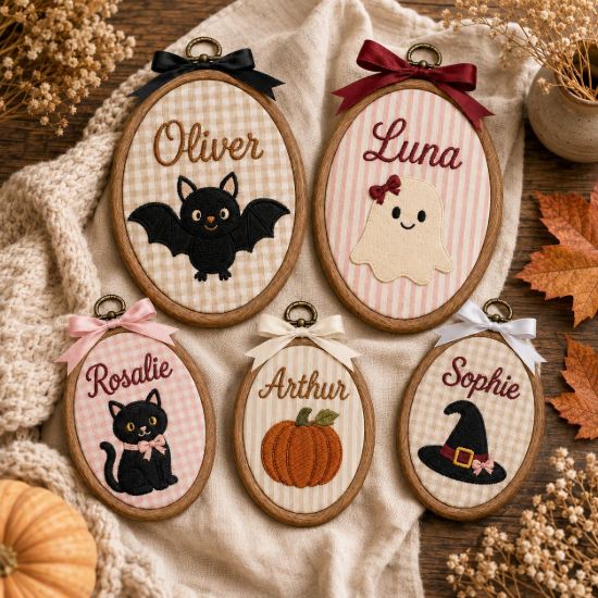 Picture of Personalized Halloween Name Embroidery Hoop, Cute Ghost Bat Black Cat Pumpkin Decor, Kids Nursery Wall Art, Spooky Season Gift for Children
