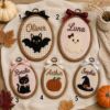 Picture of Personalized Halloween Name Embroidery Hoop, Cute Ghost Bat Black Cat Pumpkin Decor, Kids Nursery Wall Art, Spooky Season Gift for Children
