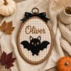 Picture of Personalized Halloween Name Embroidery Hoop, Cute Ghost Bat Black Cat Pumpkin Decor, Kids Nursery Wall Art, Spooky Season Gift for Children