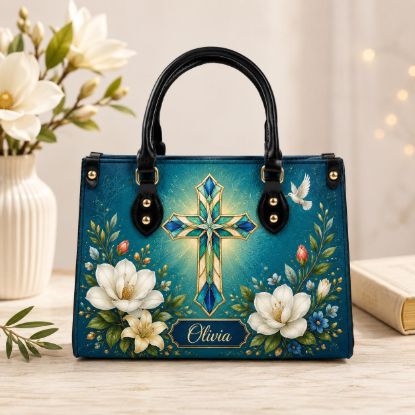 Picture of Personalized Christian Leather Shoulder Bag, Custom Name Cross Purse, Floral Faith Handbag, Religious Gift for Her, Christian Gift for Women