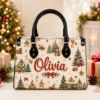 Picture of Personalized Christmas Leather Shoulder Bag, Custom Name Holiday Purse, Gingerbread Christmas Handbag, Festive Gift for Her, Winter Tote Bag