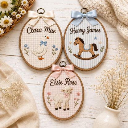 Picture of Personalized Farm Animal Name Embroidery Hoop Goose Rocking Horse Lamb Nursery Decor, Custom Baby Name Sign, Baby Shower Gift, Kids Room Art