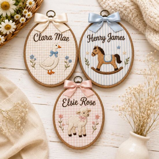 Picture of Personalized Farm Animal Name Embroidery Hoop Goose Rocking Horse Lamb Nursery Decor, Custom Baby Name Sign, Baby Shower Gift, Kids Room Art