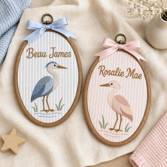 Picture of Personalized Heron Embroidery Hoop, Custom Baby Name Sign, Bird Nursery Decor, Baby Boy Girl Wall Art, Coastal Nursery Gift, Kids Room Art