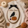 Picture of Personalized Fall Name Embroidery Hoop, Crow Pumpkin & Luna Moth Nursery Decor, Autumn Baby Gift, Custom Kids Room Wall Art, Halloween Gift