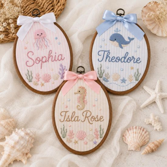 Picture of Personalized Ocean Nursery Name Embroidery Hoop, Whale Jellyfish Seahorse Wall Art, Baby Boy Girl Gift, Coastal Kids Room Decor, Baby Shower
