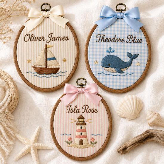 Picture of Personalized Nautical Embroidery Hoop, Custom Name Nursery Decor, Sailboat Whale Lighthouse Wall Art, Coastal Baby Gift, Kids Room Decor