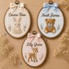 Picture of Personalized Woodland Embroidery Hoop, Custom Name Nursery Decor, Bunny Bear Deer Wall Art, Baby Shower Gift, Kids Room Decor, Baby Keepsake
