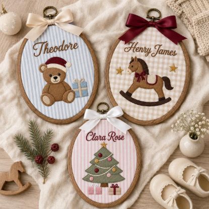 Picture of Personalized Christmas Embroidery Hoop, Custom Name Nursery Decor, Teddy Bear Rocking Horse Christmas Tree, Baby Gift, Kids Room Wall Art
