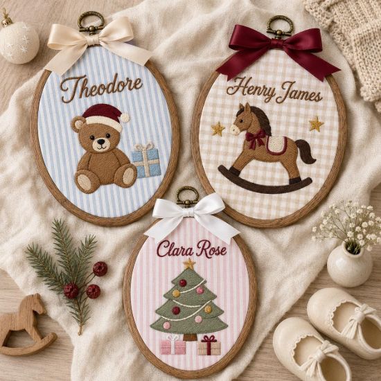 Picture of Personalized Christmas Embroidery Hoop, Custom Name Nursery Decor, Teddy Bear Rocking Horse Christmas Tree, Baby Gift, Kids Room Wall Art