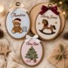 Picture of Personalized Christmas Embroidery Hoop, Custom Name Nursery Decor, Teddy Bear Rocking Horse Christmas Tree, Baby Gift, Kids Room Wall Art