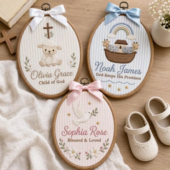 Picture of Personalized Christian Embroidery Hoop, Custom Name Baptism Gift, Noah's Ark Nursery Decor, Baby Dedication Gift, Religious Baby Wall Art
