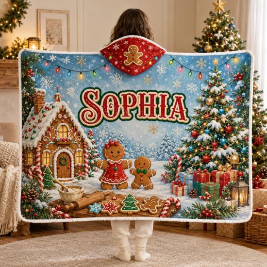 Picture of Personalized Christmas Hooded Blanket, Custom Name Gingerbread Blanket, Kids Adult Sherpa Blanket, Cozy Christmas Gift Blanket Wearable