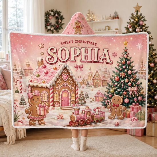 Picture of Personalized Christmas Wearable Blanket, Custom Name Gingerbread Hooded Blanket, Pink Sherpa Blanket, Christmas Gift for Kids & Adults