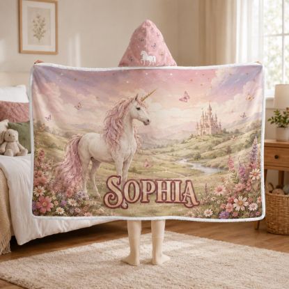 Picture of Personalized Unicorn Wearable Blanket, Custom Name Hooded Blanket, Pink Sherpa Blanket, Magical Unicorn Gift for Girls Kids & Granddaughter