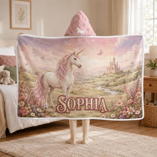 Picture of Personalized Unicorn Wearable Blanket, Custom Name Hooded Blanket, Pink Sherpa Blanket, Magical Unicorn Gift for Girls Kids & Granddaughter