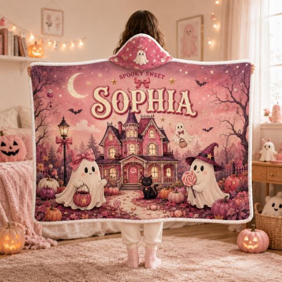 Picture of Personalized Pink Halloween Hooded Blanket, Custom Name Cute Ghost Blanket, Spooky Sweet Sherpa Blanket, Halloween Gift for Kids Blanket