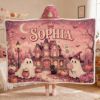 Picture of Personalized Pink Halloween Hooded Blanket, Custom Name Cute Ghost Blanket, Spooky Sweet Sherpa Blanket, Halloween Gift for Kids Blanket