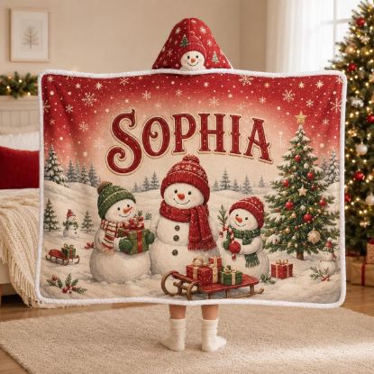 Picture of Personalized Christmas Wearable Blanket, Custom Name Snowman Hooded Blanket, Sherpa Christmas Blanket, Snowman Gift for Kids & Adults