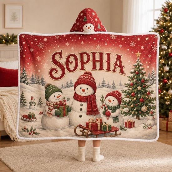 Picture of Personalized Christmas Wearable Blanket, Custom Name Snowman Hooded Blanket, Sherpa Christmas Blanket, Snowman Gift for Kids & Adults