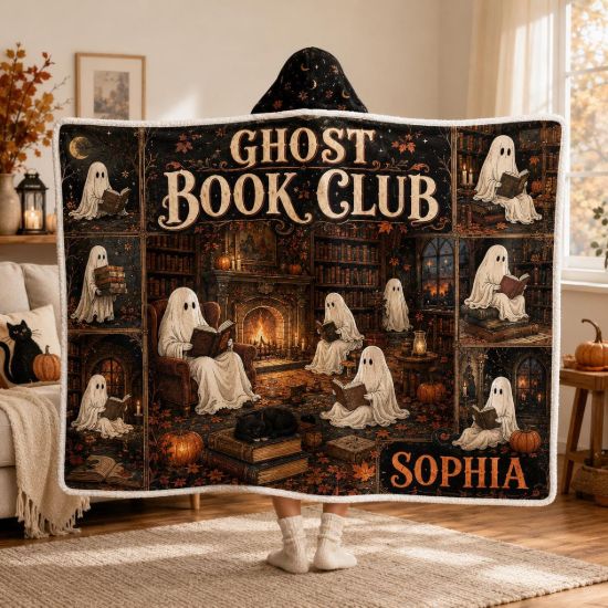 Picture of Personalized Ghost Book Club Wearable Blanket, Custom Name Halloween Hooded Blanket, Book Lover Sherpa Blanket, Spooky Reader Gift