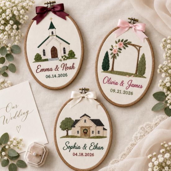 Picture of Personalized Wedding Embroidery Hoop, Custom Couple Names & Date, Church Wedding Keepsake, Bridal Shower Gift, Rustic Anniversary Wall Decor